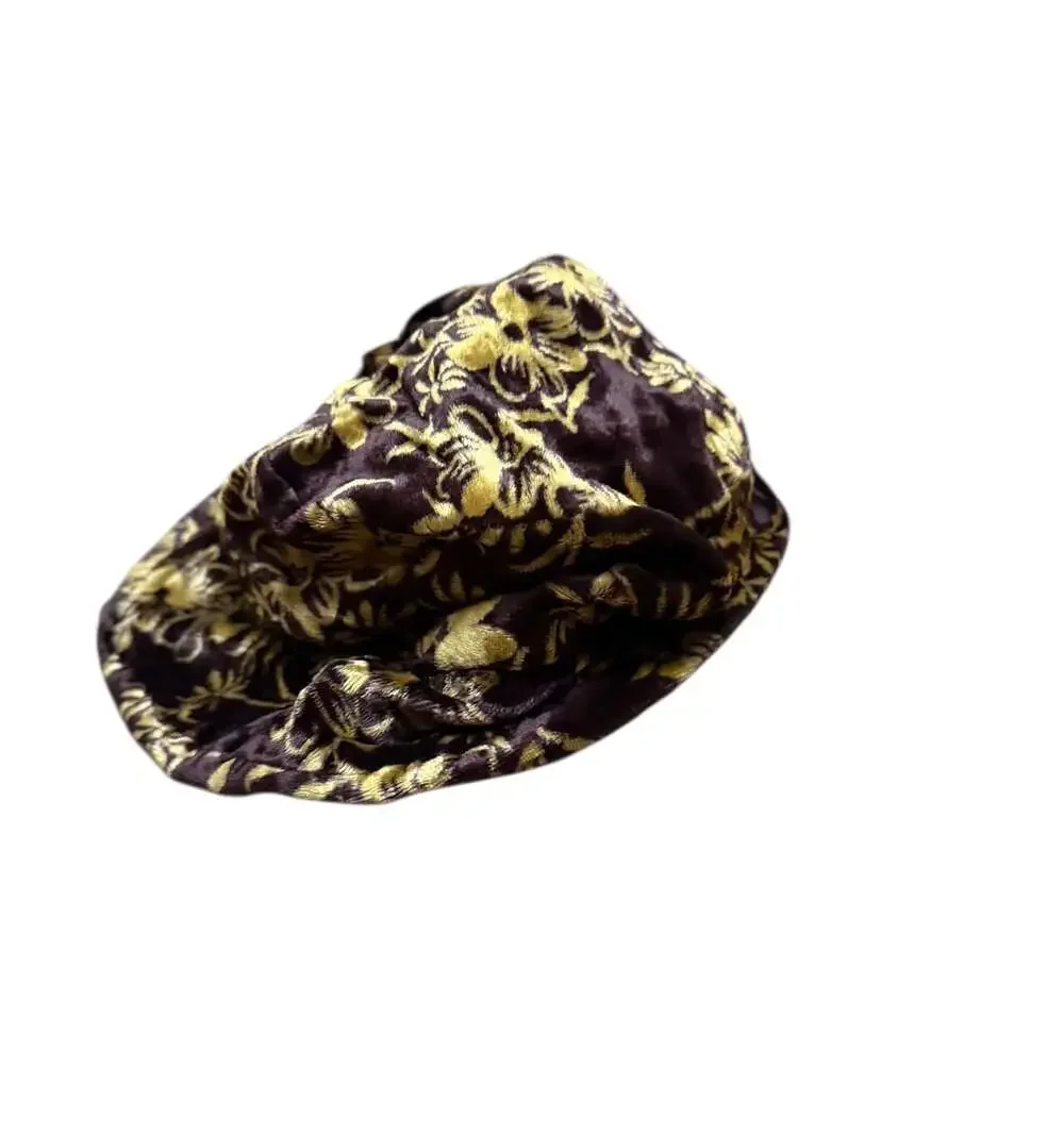 Y2K Brown Gold Floral Velvet Bucket Hat Soft Viscose Made in India - Picture 3 of 6